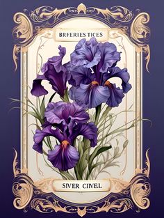 purple flowers in a gold frame with the words, brefies tides silver givel