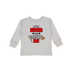 Little Sister and Biggest Fan Baseball Glove and Bat Toddler Long Sleeve T-Shirt. Wear this to the game and cheer on your older sibling. A classic for Fall, Winter and Spring, these long sleeve toddler t-shirts are sure to be a staple in your child's wardrobe. Whether layered or alone, this t-shirt is soft yet durable enough to stand up to your toddler's playtime demands. Toddler Long Sleeve T-Shirt. Size: 5/6T.  Color: Gray.  Gender: female. Older Sibling, Bat Boys, Kids Clothes Boys, Baseball Glove, Little Brother, Kids Outfits Girls, Boys Long Sleeve, Size 4t, Girls Long Sleeve