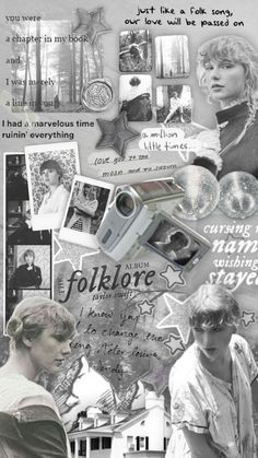 black and white collage with photos, words, and pictures on it's side