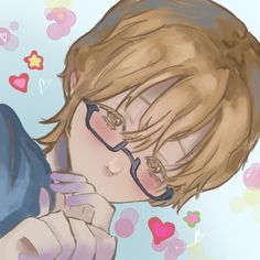 a young man with glasses is kissing another mans face while surrounded by flowers and hearts