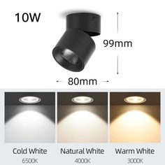 three different types of recess lights with white, warm and cool lighting on each side