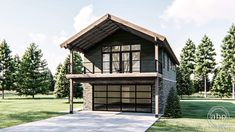 a two story house with an attached garage in the middle of a grassy area next to trees