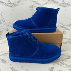 Brand New In Box. 100% Authentic Size 5 In Kids/Men .. Women Size 7 Casual Blue Slip-on Boots, Blue Suede High-top Boots, Casual Blue Suede Boots, Casual Blue Lace-up Boots, Blue Suede Sneakers With Round Toe, Blue High-top Winter Boots, Blue Low-top Boots With Rubber Sole, Casual Blue Round Toe Boots, Blue Winter Boots With Rubber Sole