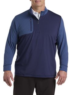 A little cool weather is no match for this colorblocked pullover; it has you covered with a focus on playability, versatility and functionality. Crafted in a lightweight stretch polyester blend, the thermal fabric keeps you warm without adding bulk. It features Aquapel fabric, making it water repellent and​ it allows for the freedom to move without restriction so you can bend, swing and walk in complete comfort and confidence.  It's the perfect choice to layer over polos or sport shirts when the Winter Golf Tops With Long Sleeves, Peacoat Men, Sport Shirts, Quarter Zip Pullover, Big & Tall, Big And Tall, Sports Shirts, Repellent, Walk In