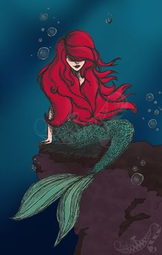 a drawing of a mermaid with red hair sitting on top of a rock in the ocean