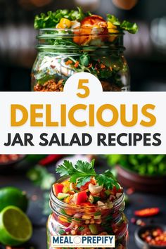 A colorful collage featuring jar salads filled with fresh vegetables and toppings, perfect for jar salads meal prep.