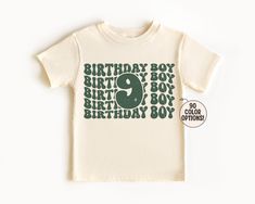 9th Birthday Boy Shirt ------DETAILS------ Printed with high quality inks that are  eco-friendly and Oeko-Tex certified Can be machine washed and dried For longer durability, turn inside out, wash cold and lay out to dry ------GARMENT OPTIONS------ --Bella + Canvas-- Super Soft! 100 % combed and ring spun cotton Grey 90% combed and ring spun cotton and 10% polyester 100% No Sweatshops & Eco-Friendly ----- PROCESSING TIME ---- Need it sooner? Please purchase our rush my order add on. https://www. Green Custom Print T-shirt For Birthday, Green Graphic Print T-shirt For Birthday, Green Letter Print T-shirt For Birthday, Green Custom Print Birthday T-shirt, Green Graphic Print Top For Birthday, Boy Birthday Shirt, Birthday Boy Shirt, Retro 9, Retro Birthday