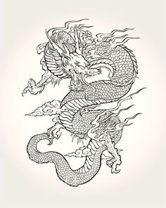 a drawing of a dragon in black and white