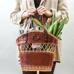 "♥️ 100 %HANDMADE Lovely and unique! Medium size wicker and full grain leather basket ♥️ This cute leather and wicker basket bag is a perfect and unique accesosory, great for shopping, great for every day , can be also a perfect addition to your styling. ♥️ You can safely hide things in this basket because is made with leather cover close by snap. All my products are packed like a gift! Free shipping everywhere! You can change the color of the leather- fell free to ask! ---------------------- Di Luxury Woven Basket Bag, Leather Basket, Basket Purse, Studio Bag, Basket Gift, Top Handle Bags, Handbag Heaven, Purse Organization, Wicker Basket