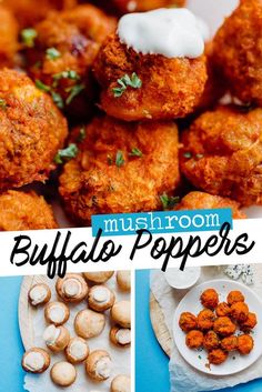 the cover of mushroom buffalo poppers is shown with mushrooms and other foods in it