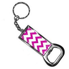 a pink and white chevroned keychain with a black metal ring on it