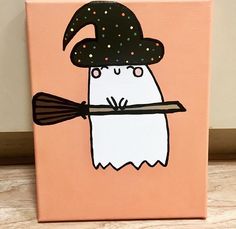 a painting of a white ghost with a black hat on it's head holding a broom