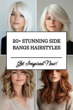 Collage of women with side bangs in various hairstyles and hair colors.