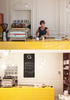 two pictures of a woman sitting at a yellow counter