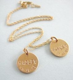 "Celebrate your children's births everyday with this simple and timeless piece. A 1/2\" disc, 14k gold filled and 20g thick is handstamped your child's name across with their birthdate underneath in an arc along the bottom. Hangs lovely on a fine 14k gold filled rope chain. Please choose your length--if you need a special length not listed above, simply let us know at checkout. To fit nice and pretty, we stamp up to 7 letters across only. Have a longer name to be stamped across? Simply convo me Mommy Jewelry, Tarpon Springs, Stamping Up, Jewelry Gold, Gold Filled Chain, Rope Chain, Cable Chain, Precious Metals, Timeless Pieces