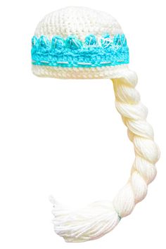 a white and blue hat with braids on the top is shown in front of a white background