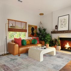 a living room filled with furniture and a fire place in the middle of the room