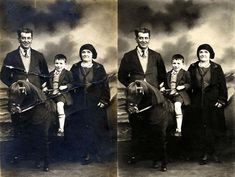 an old black and white photo of three people on horses with two children in their arms