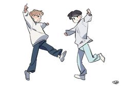 two young men are jumping in the air with their hands up and one is pointing at something