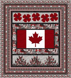 a canadian flag quilt with red and white flowers on it, in the center is an image of a maple leaf