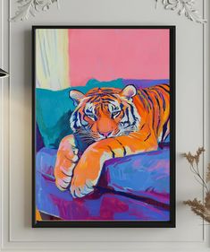 a painting of a tiger laying down on a couch in front of a pink and blue background