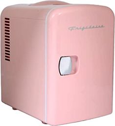 a pink refrigerator with the door open on a white background