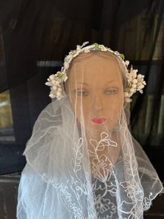 This handmade bridal headpiece consists of a two row headband adorned with a few buds and flowers that lead to a flourish of vintage buds and flowers on either side of the face.  The flowers are 1960s millinery pieces, the buds snd leaves are unused Japanese vintage millinery from the 1950s.  Veil not included.  The piece is reminiscent of the 1920s bridal headpieces used to hug and frame the face.   In excellent condition Bridal Headpiece Vintage, Bridesmaid Crown, Handmade Tiaras, Bridal Pumps, 1920s Wedding, Bride Headband, Vintage Millinery, Velvet Flowers, Beaded Wedding