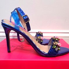 Betsey Johnson Womens Alyna Heeled Sandel, Blue Multi, Size 7.5, Flower Covered Toe Strap, Stiletto Heel, New With Box Closed Toe Sandals For Prom In Spring, Blue Sandals For Summer Prom, Blue Sandals For Spring Party, Blue Sandals For Party In Spring, Blue Sandals For Prom In Summer, Spring Prom Low Heel Sandals, Blue Synthetic Sandals For Party, Blue Sandals With Heel Strap For Party, Blue Low Heel Sandals With Heel Strap