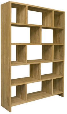 a wooden bookcase with six shelves on each side