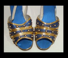 "Hi! These fabulous late 1930s evening shoes are of velvety soft silk satin fabric, with strips of beading on the toes, separated by sparkly gold trim. The cork wedge heels are trimmed with gold leather. They're in excellent condition, looking unworn. Ferragamo's similar patent shown dates to 1938. His designs were widely copied. No label except stamped \"5\" into the leather and \"1000\" or \"1900\" stamped onto the soles, hard to make out. Measurements: Insole length: 9\" Widest part of soles: Chestnut Leather, Silk Satin Fabric, How To Make Brown, Modern Shoes, Heel Mules, Low Heel Shoes, Slingbacks, Evening Shoes, Leather Wedges