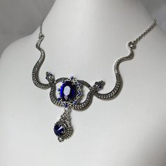 Snake Motif, Fantasy Jewellery, Medusa Snake, Antique Silver Necklace, Dark Sapphire, Blue Accent, Choker Pendant, Inspired Necklace, Expensive Jewelry