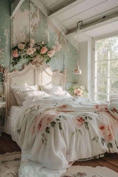 an old fashioned bedroom with flowers on the bed