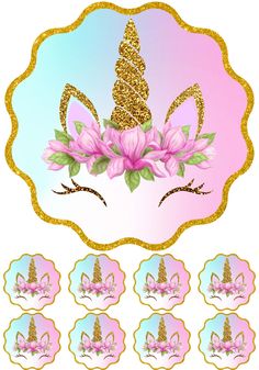 a pink and gold unicorn face with flowers on it's forehead, surrounded by other stickers