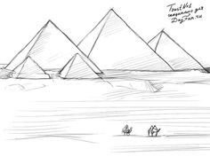 a drawing of three pyramids in the desert with two camels standing next to them