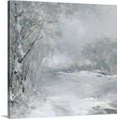 a painting of a snowy landscape with trees