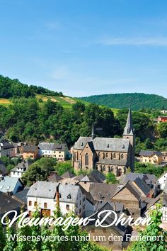 an aerial view of a small town with mountains in the background and trees on either side