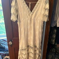 Gorgeous Boho Lace Beach Style Maxi Dress. Adjustable Drawstring Waist, Knee High Slots On Both Sides. New With Tags. Beautiful Dress, Just Too Big For Me. Beige Lace Maxi Dress For Vacation, Beach Lace Midi Dress With Short Sleeves, Lace Midi Dress With Short Sleeves For Vacation, Lace Midi Dress With Short Sleeves For The Beach, Cream Midi Dress With Lace Trim For Vacation, Feminine Lace Maxi Dress For Day Out, Lace Short Sleeve Midi Dress For Beach, Spring Beach Midi Dress With Lace Patchwork, Short Sleeve Lace Patchwork Beach Dress