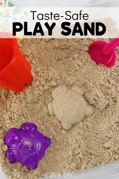 a play sand tray filled with different colored toys and words that read, taste - safe play sand