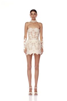 Maraya Blanc Lace Mini Dress Elegant Lace Mini Dress, Short Bodice Wedding Dress, Corset Lace Short Dress, Lace Long Sleeve Dress Short, Glove Mini Dress, Bridal Dresses Chanel, Corset Mini Dress Lace, Structured Wedding Dress Short, Tights Wedding Dress