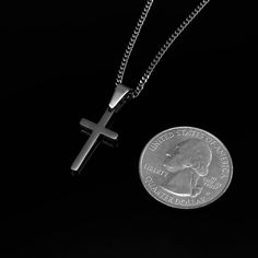 "*Cross Necklace for men is Highly polished shiny both sides surface simple and classic design pendant with 2mm chain. *Black, Siver Cross Necklace for men, cross pendant with chain High Quality 316L Stainless Steel is Commonly used for jewelry because it will not oxidize or turn black with only minimal maintenance. *Cross Pendant size Black and Silver : Length - 0.82\"(21mm), Width - 0.43\"(11mm). *Cross Chain size : Length - 16\", 18\", 20\", 22\",24\", 26\" Width - 2mm. Six different lengths Spiritual Stainless Steel Necklaces For Father's Day, Spiritual Stainless Steel Necklace For Father's Day, Father's Day Black Sterling Silver Necklace, Father's Day Stainless Steel Cross Pendant Necklace, Silver Cross Necklaces, Cross Necklace Black, Small Cross Necklace, Black Cross Necklace, Cross Necklace For Men