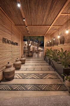 an indoor area with potted plants and lights