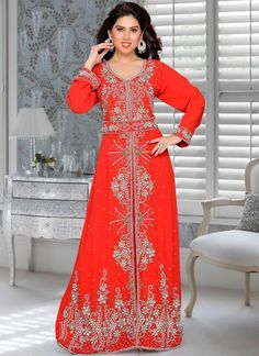 Get Going With This Majestic & Wonderful Piece And Make Your Dream Attire Look Richer To Your Persona Create A Smoldering Impact By This Elaborate Red Kaftan.This Ravishing Attire Is Amazingly Embroidery & Hand Beaded Work.#moroccancaftan #arabicattire #womenkaftan #ladieslongdress #handbeadedkaftan Embroidered Hijab, Red Kaftan, Crystals Decor, Cutdana Work, Beaded Work, Work Women, Utsav Fashion, Moroccan Caftan, Islamic Clothing