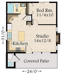 the floor plan for a studio apartment with an attached bathroom and living room, as well as