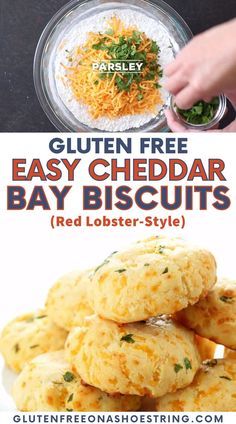 gluten - free easy cheddar bay biscuits recipe with text overlay