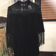 Nwt/Never Worn Black Stretchy Black H&M Divided Velvet Dress With Tassels On Sleeves And Sheer Fabric Located On Upper Area Of Dress! Very Sexy And Classy Size 8 But Can Stretch Up Or Down In Size Black Mini Dress With Tassels For Party, Black Tassel Mini Dress For Party, Black Fringe Mini Dress For Party Season, Black Party Mini Dress With Tassels, Black Fringe Mini Dress For Cocktail, Long Sleeve Dresses With Tassels For Night Out, Long Sleeve Fringe Mini Dress For Night Out, Long Sleeve Fringed Dress For Night Out, Fall Party Dresses With Tassels