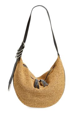 Lighten your load with this beach-to-street straw bag designed in a slouchy silhouette with a rich leather strap. Adjustable strap Top zip closure Interior slip pocket Lined Paper with leather strap Imported Textile Bag, Natural Branding, Straw Tote, Silver Engraving, Fabric Gift Bags, Strap Tops, British Style, Hobo Bag, Rag & Bone