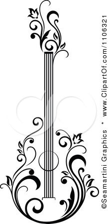 a black and white drawing of an acoustic guitar with swirly vines on the neck