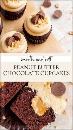 chocolate cupcakes with peanut butter frosting on top and one cut in half