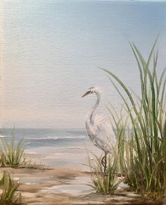 a painting of a white bird standing in the sand