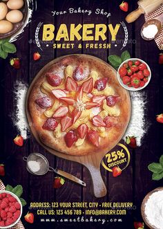 a flyer for a bakery with fresh fruit and pastry items on the wooden table top